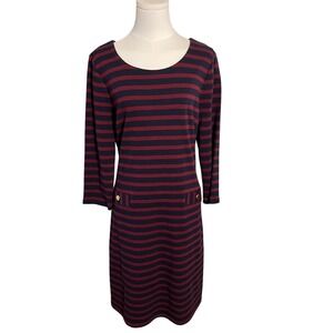 Talbots Striped Knit Dress L Navy Burgundy Pockets‎ Gold Buttons Classic